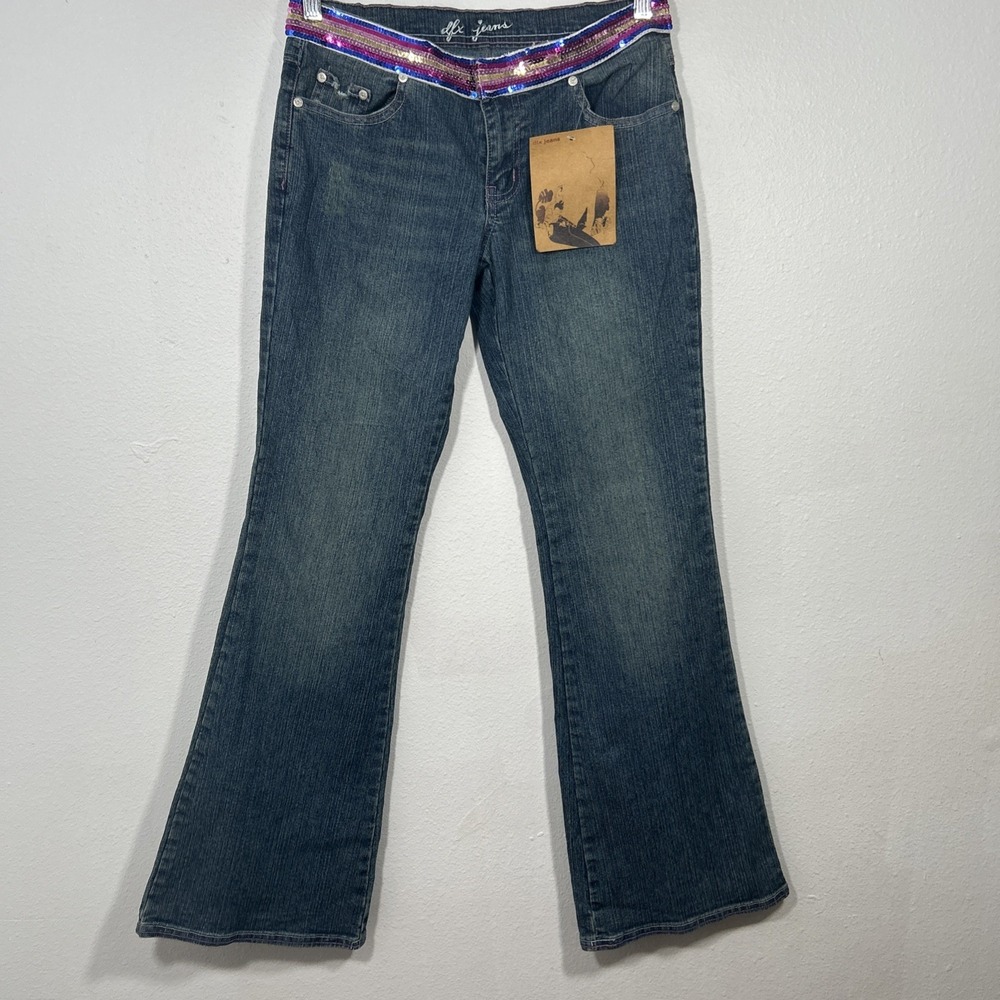 DFX Jeans Womens 7 Blue Flare Denim Sequin Waist Y2K Glam Rock Retro Baddie